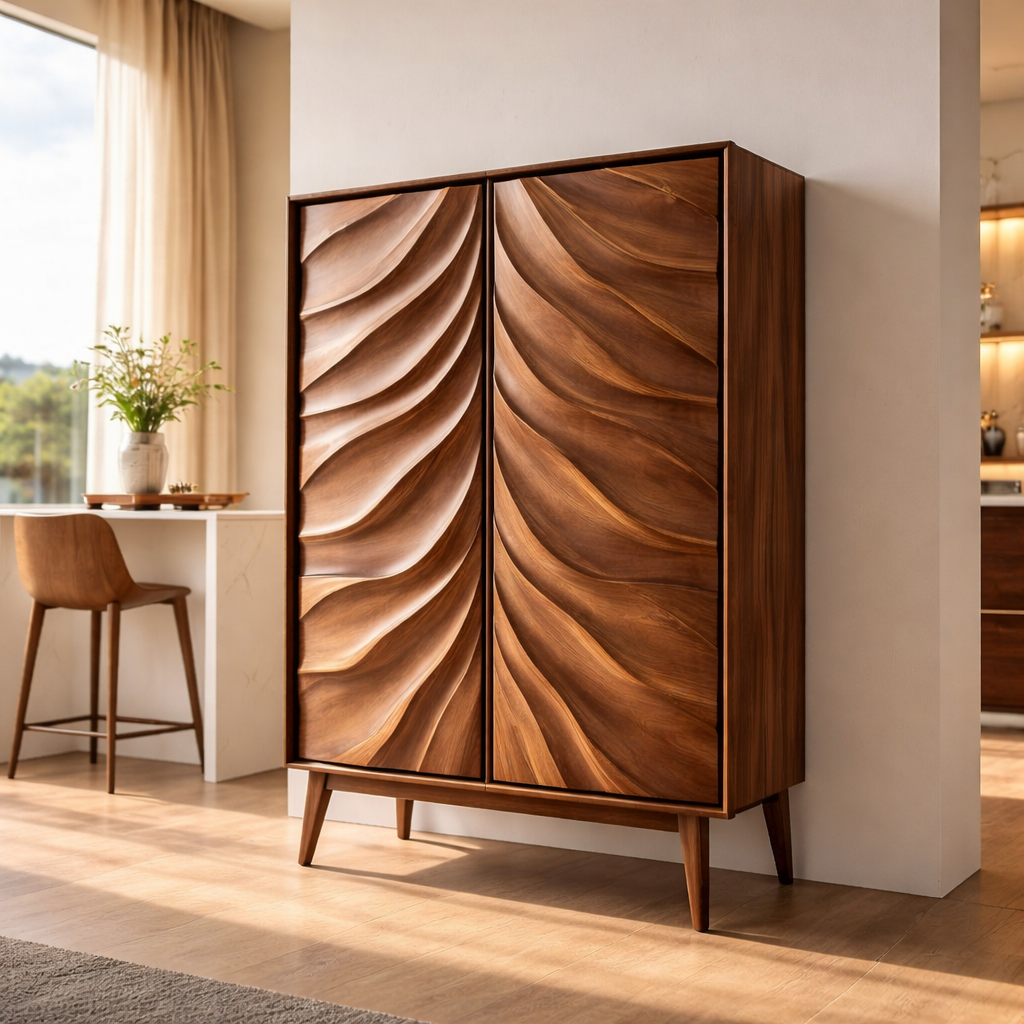 Solid Wood Bar Cabinet with Sculpted Wave Doors – Modern Mid Century Liquor Storage