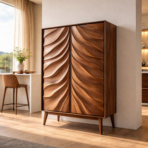 Solid Wood Bar Cabinet with Sculpted Wave Doors – Modern Mid Century Liquor Storage