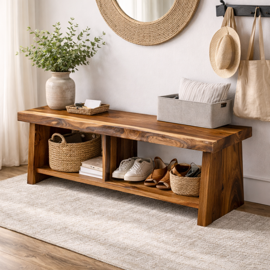 Solid Wood Entryway Bench with Storage | Rustic Hallway Bench with Open Shelves Kitchnce