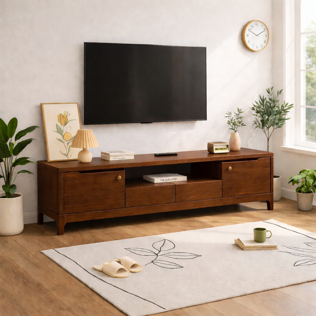 Modern Wood TV Stand Long Media Console With Storage Drawers Low Profile Entertainment Center Kitchnce