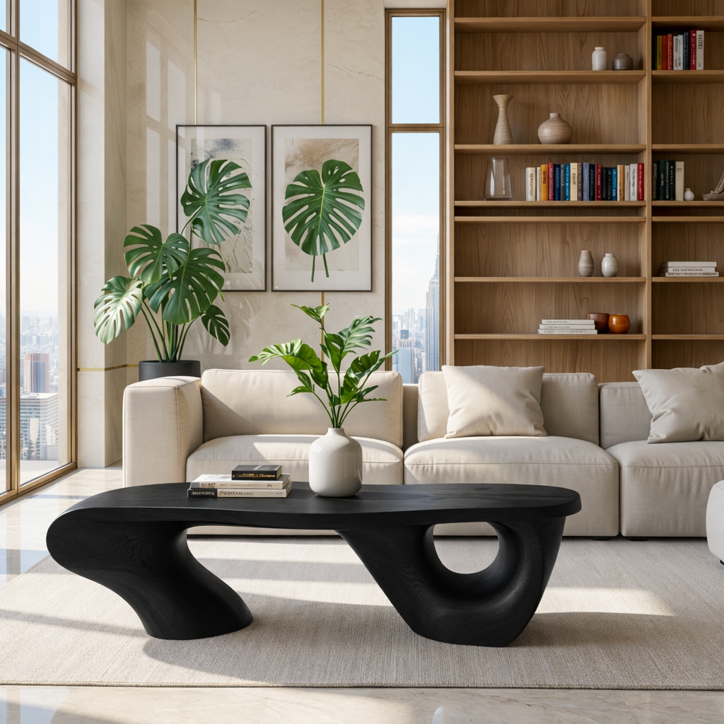 Organic Sculptural Coffee Table with Artistic Base, Modern Minimalist Living Room Table