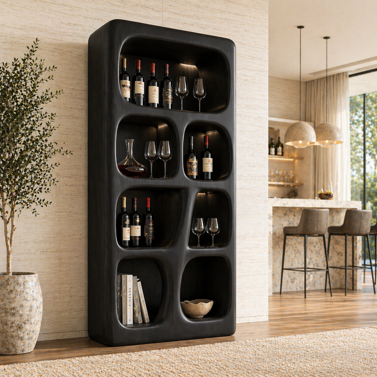 Sculptural Tall Wine Cabinet Freestanding Bar Display Shelves Modern Storage Unit