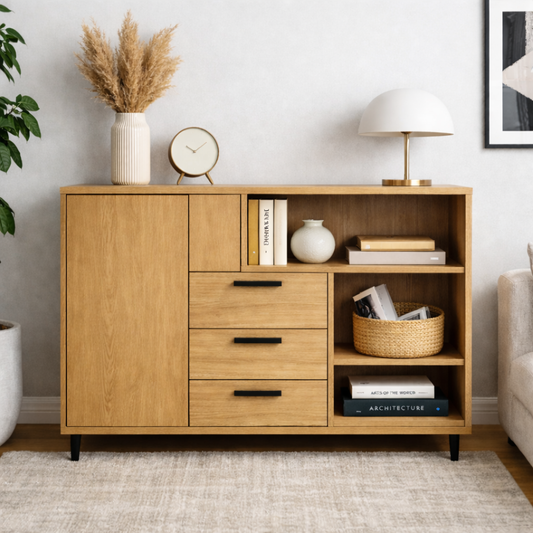 Modern Solid Wood Console Cabinet with Drawers, Door & Open Shelf Storage