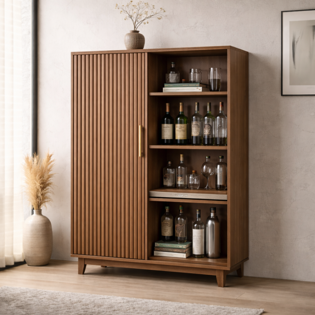 Solid Wood Bar Cabinet with Fluted Door and Open Wine Storage Shelves