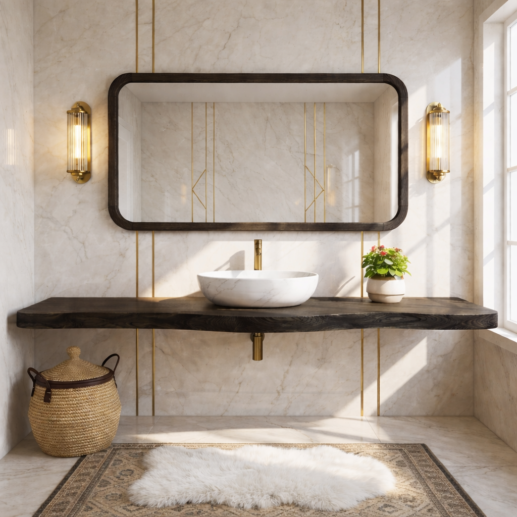 Floating Vanity with Wooden Base, White Stone Sink, and Elegant Design Kitchnce