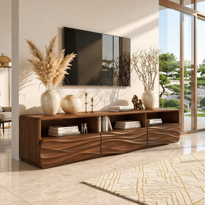 Modern Wave TV Console, Sculptural Entertainment Cabinet for Luxury Home Interiors