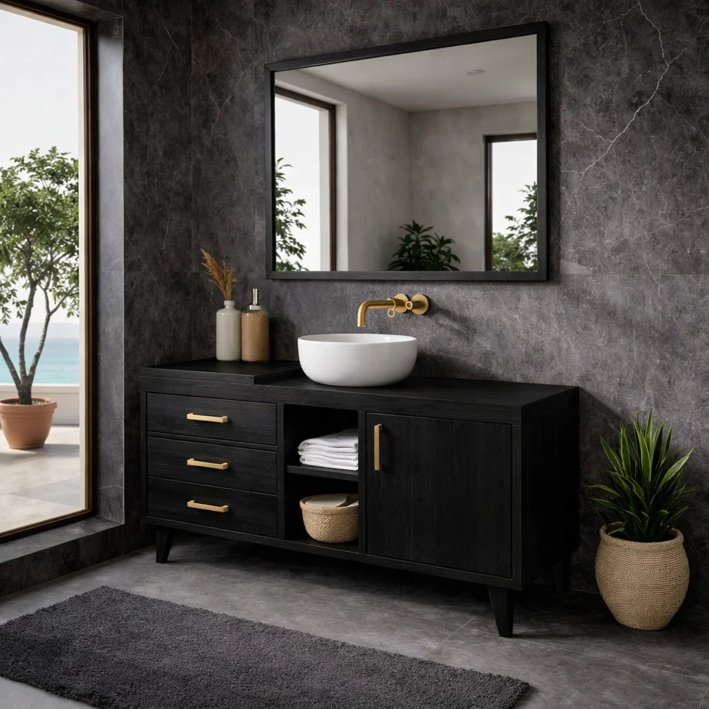 Solid Wood Bathroom Vanity Cabinet with Drawers & Shelf – Modern Walnut Bathroom Storage