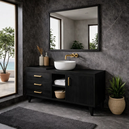 Solid Wood Bathroom Vanity Cabinet with Drawers & Shelf – Modern Walnut Bathroom Storage