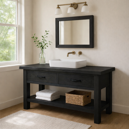 Solid Wood Bathroom Vanity with Drawers and Open Shelf Rustic Farmhouse Vanity