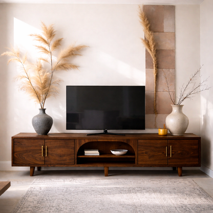 Solid Wood Media Console with Arched Shelf – Modern TV Stand with Storage