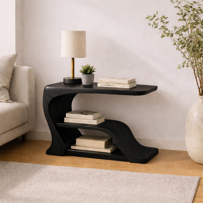 Solid Wood Curved End Table with Storage Shelf – Modern Sculptural Side Table for Living Room Kitchnce