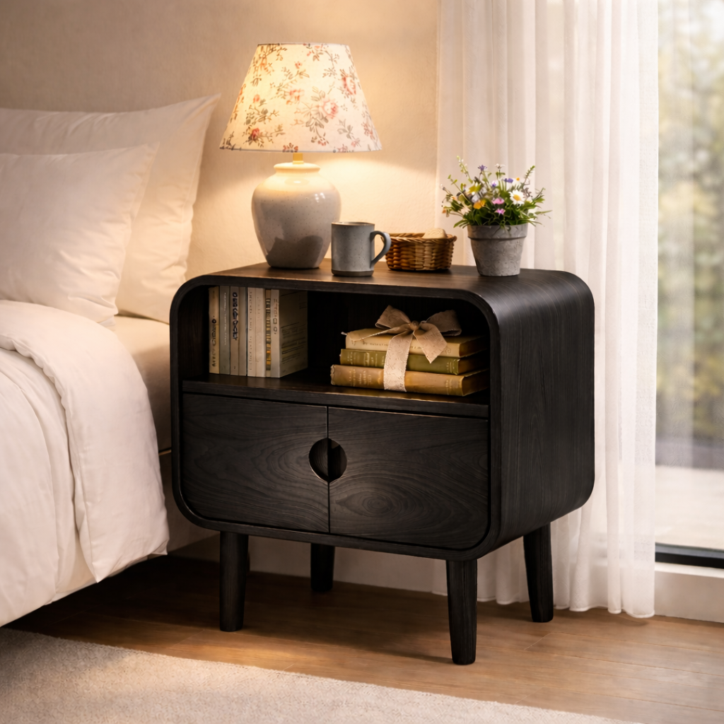 Solid Wood Nightstand with Cabinet Doors & Open Shelf – Modern Bedside Table
