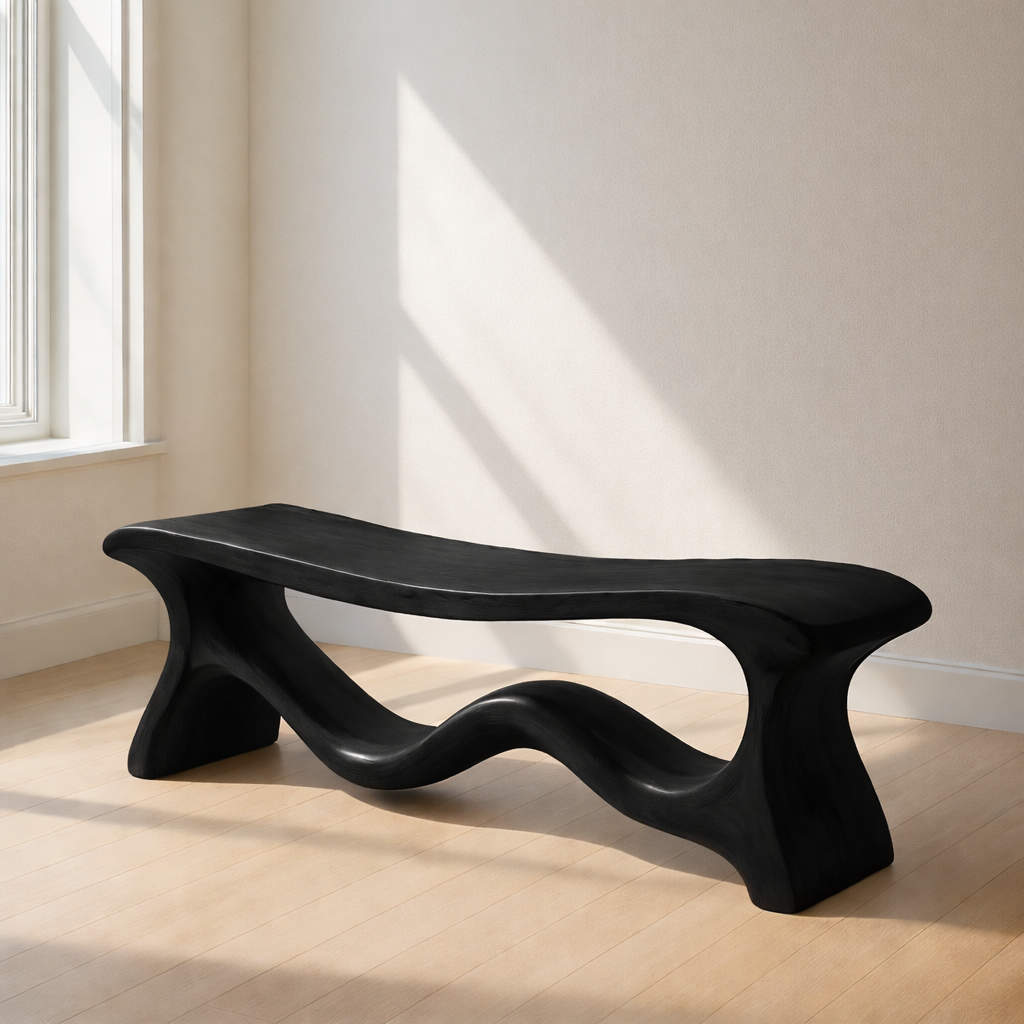 Modern Solid Wood Bench with Artistic Wave Base – Minimalist Wooden Bench Kitchnce