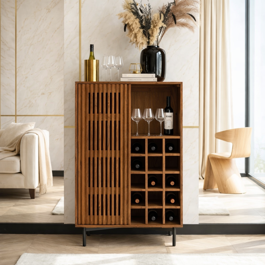 Premium Modern Fluted Wooden Bar Cabinet, Wine Storage Glassware Display Console