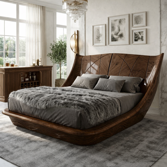 Luxury Curved Wingback Bed Frame, Modern Statement Platform Bedroom Furniture Design