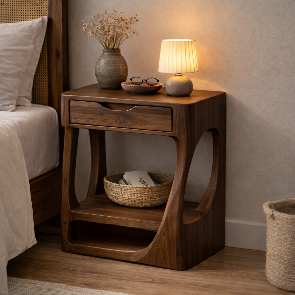 Solid Wood Nightstand with Open Shelf and Drawer – Modern Curved Bedside Table Kitchnce