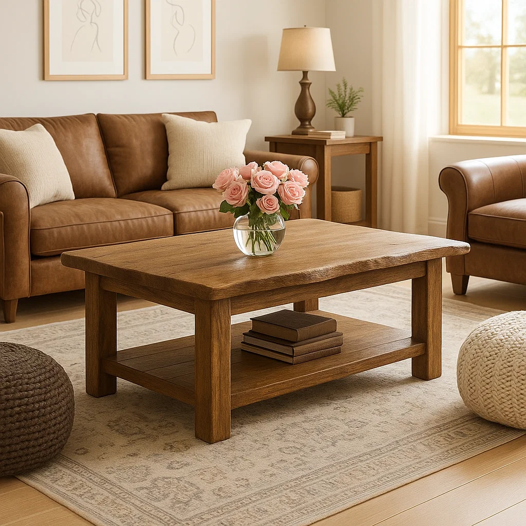 Handcrafted Solid Wood Coffee Table with Natural Live Edge – Rustic Farmhouse Center Table with Bottom Shelf for Cozy Living Rooms Kitchnce
