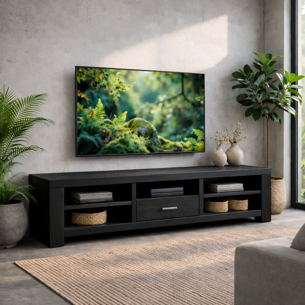 Solid Wood TV Stand with Open Shelves and Drawer – Modern Living Room Media Console Kitchnce