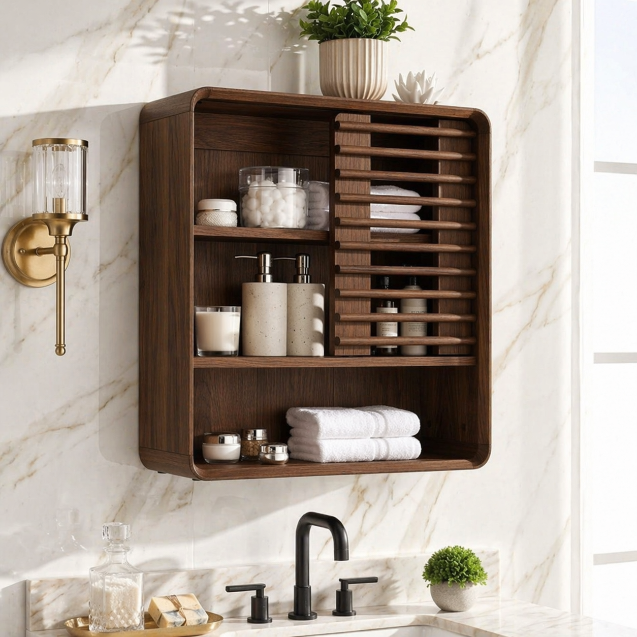 Floating Bathroom Cabinet, Modern Tambour Wall Mounted Vanity Storage Organizer Unit