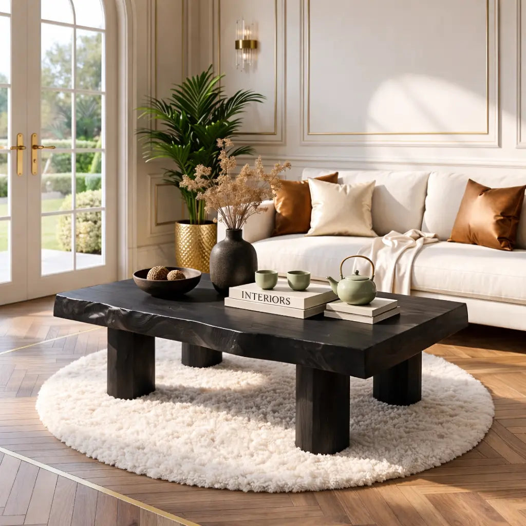 Handcrafted Wooden Coffee Table with Thick Pillar Legs and Natural Finish Kitchnce