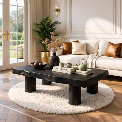 Handcrafted Wooden Coffee Table with Thick Pillar Legs and Natural Finish Kitchnce