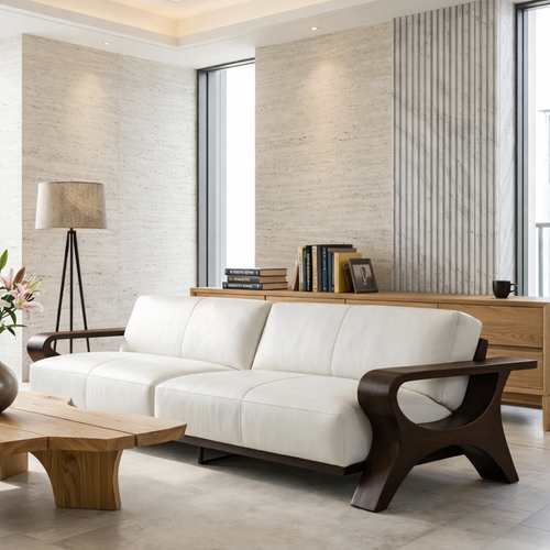 Modern Sculptural Solid Wood Sofa with White Leather Cushions Scandi Living Room Couch
