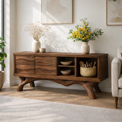 Modern Solid Wood Sideboard Cabinet, Oak Buffet Storage Console with Shelves and Drawers Kitchnce