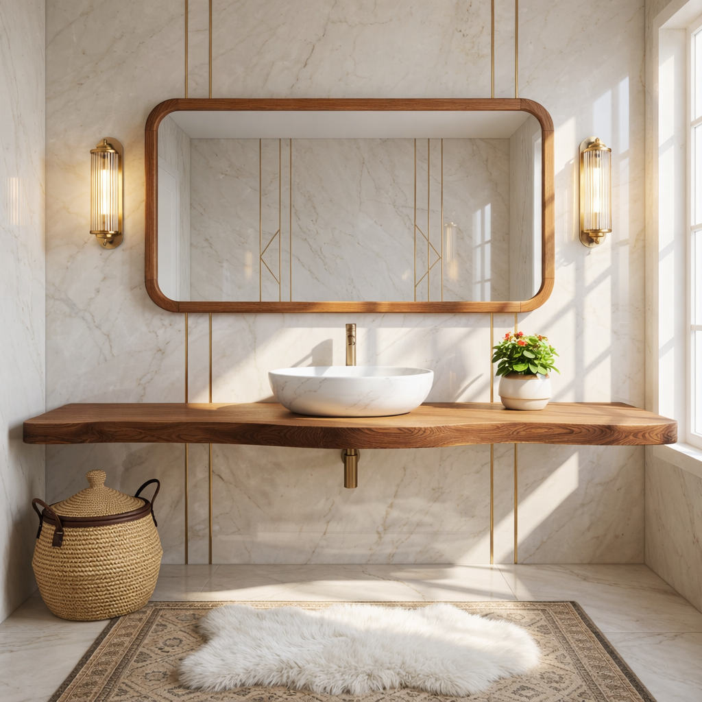 Floating Vanity with Wooden Base, White Stone Sink, and Elegant Design Kitchnce