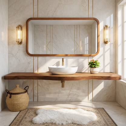 Floating Vanity with Wooden Base, White Stone Sink, and Elegant Design Kitchnce