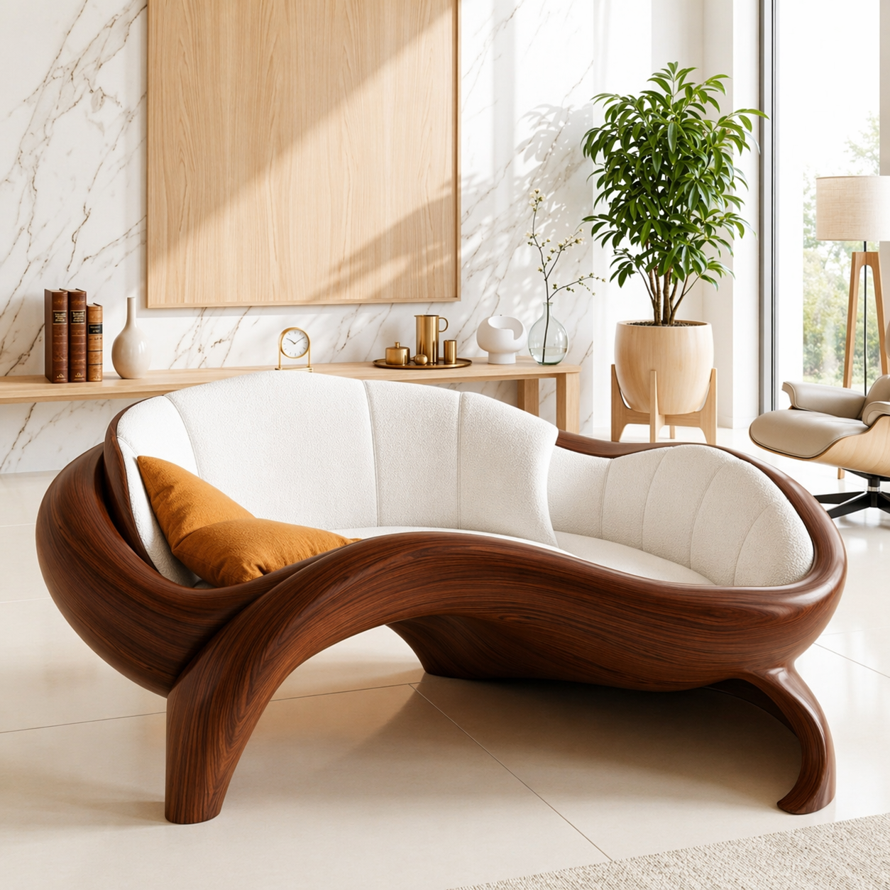 Organic Modern Wooden Lounge Chair, Sculptural Curved Sofa with Oversized Cushion