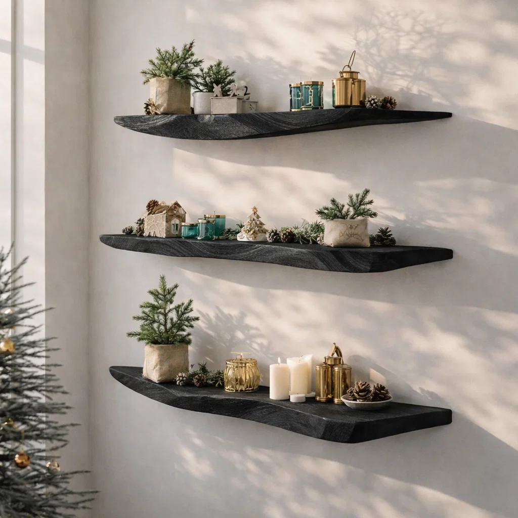Live Edge Floating Wood Shelf - Rustic Natural Edge Wall Bookshelf for Modern Home Decor
