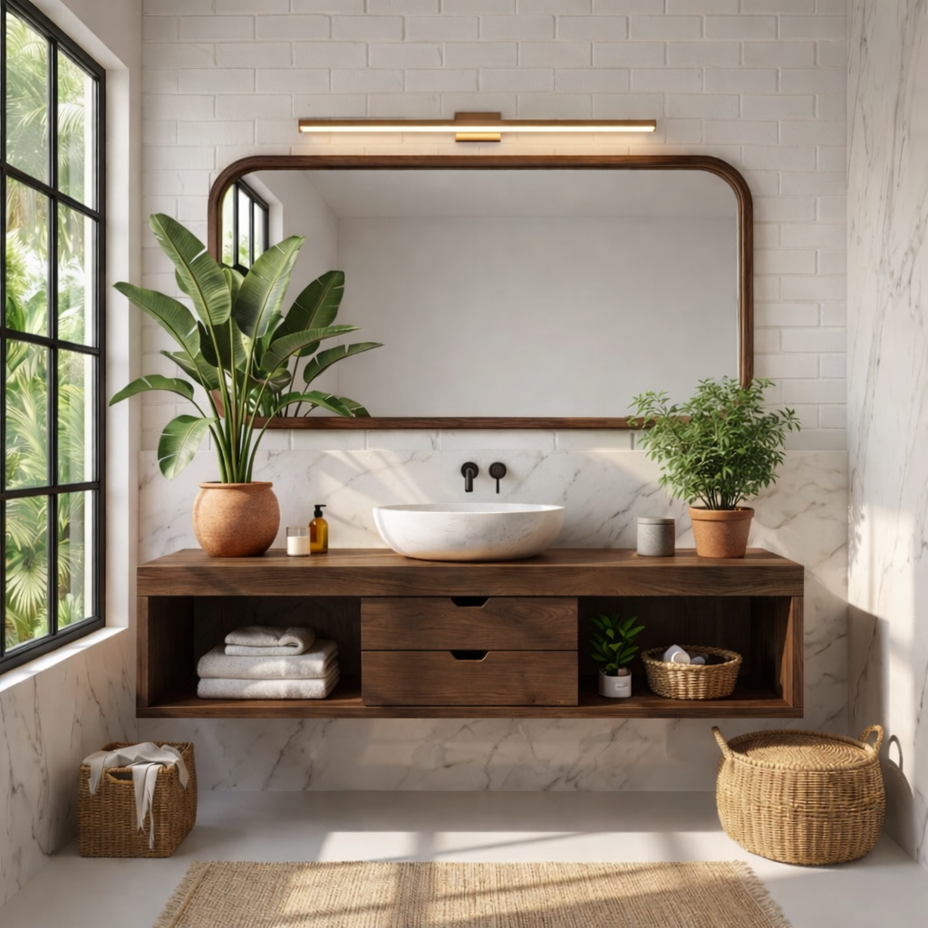 Sleek Oak Floating Vanity with Marble Sink and Ample Storage for Modern Bathrooms Kitchnce