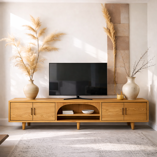 Solid Wood Media Console with Arched Shelf – Modern TV Stand with Storage