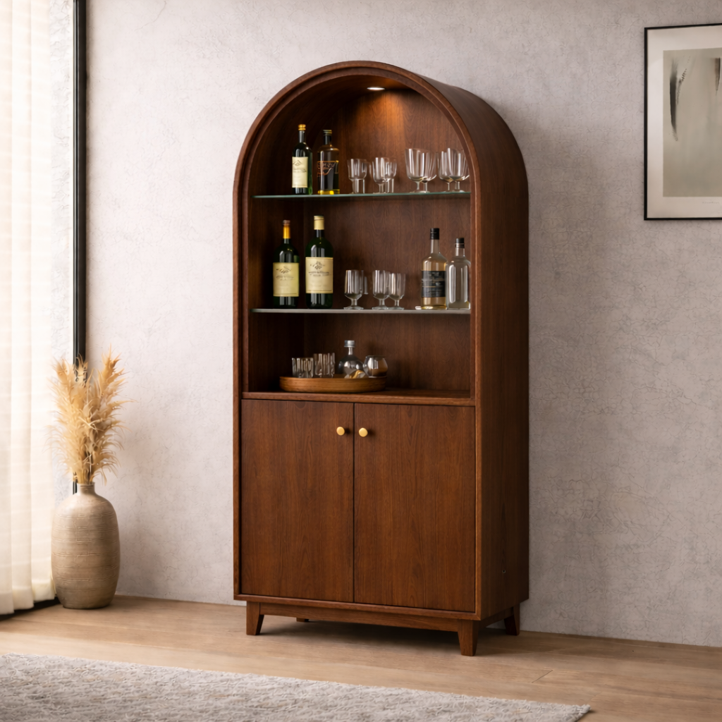Solid Wood Arched Bar Cabinet with Glass Shelves – Mid-Century Modern Wine Storage
