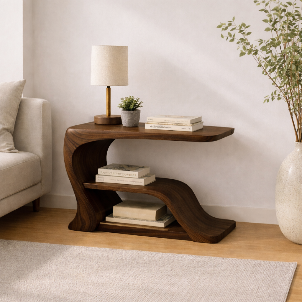 Solid Wood Curved End Table with Storage Shelf – Modern Sculptural Side Table for Living Room Kitchnce