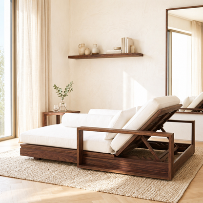 Adjustable Upholstered Daybed With Reclining Backrest, White Cushions, Lounge Chaise