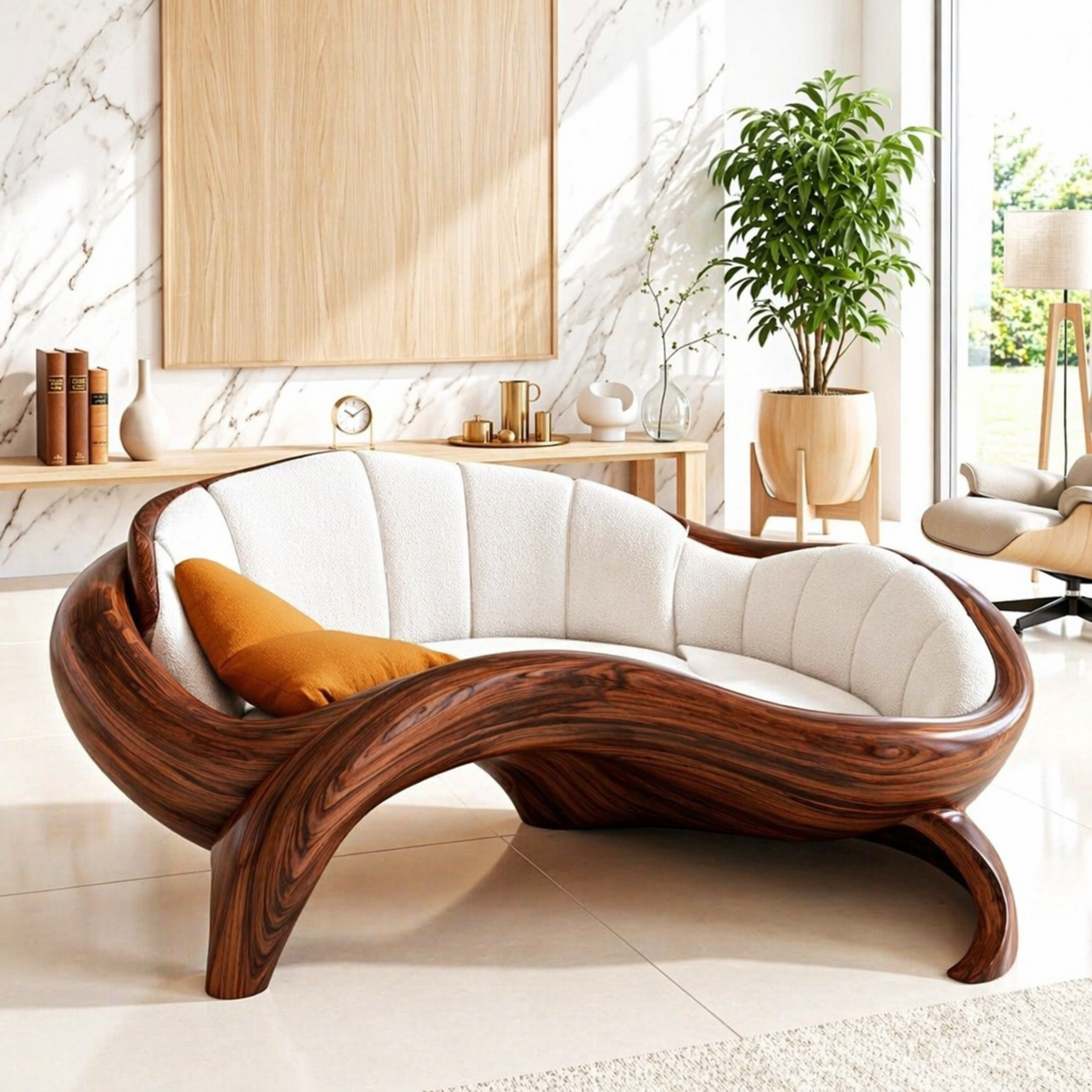 Organic Modern Wooden Lounge Chair, Sculptural Curved Sofa with Oversized Cushion