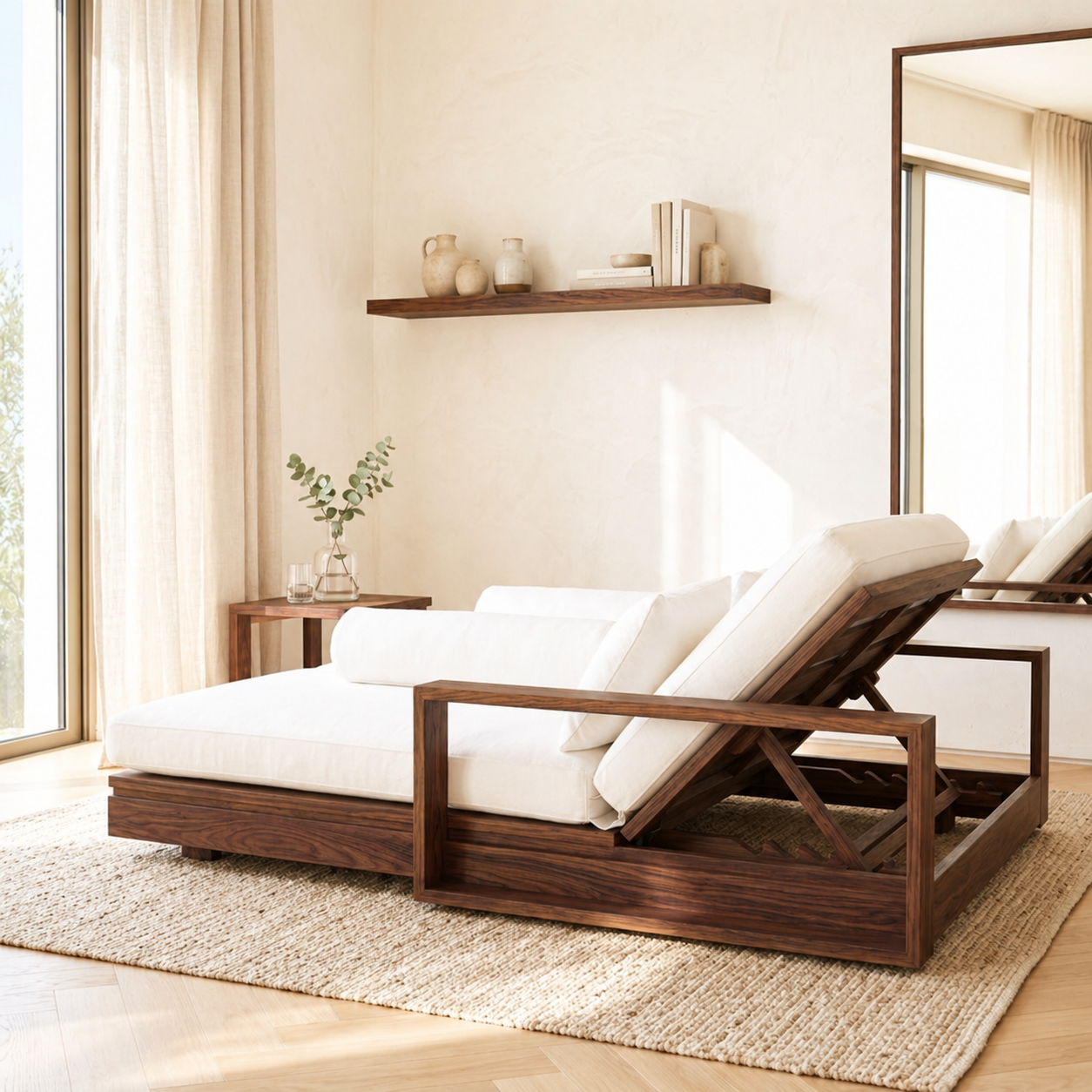 Adjustable Upholstered Daybed With Reclining Backrest, White Cushions, Lounge Chaise