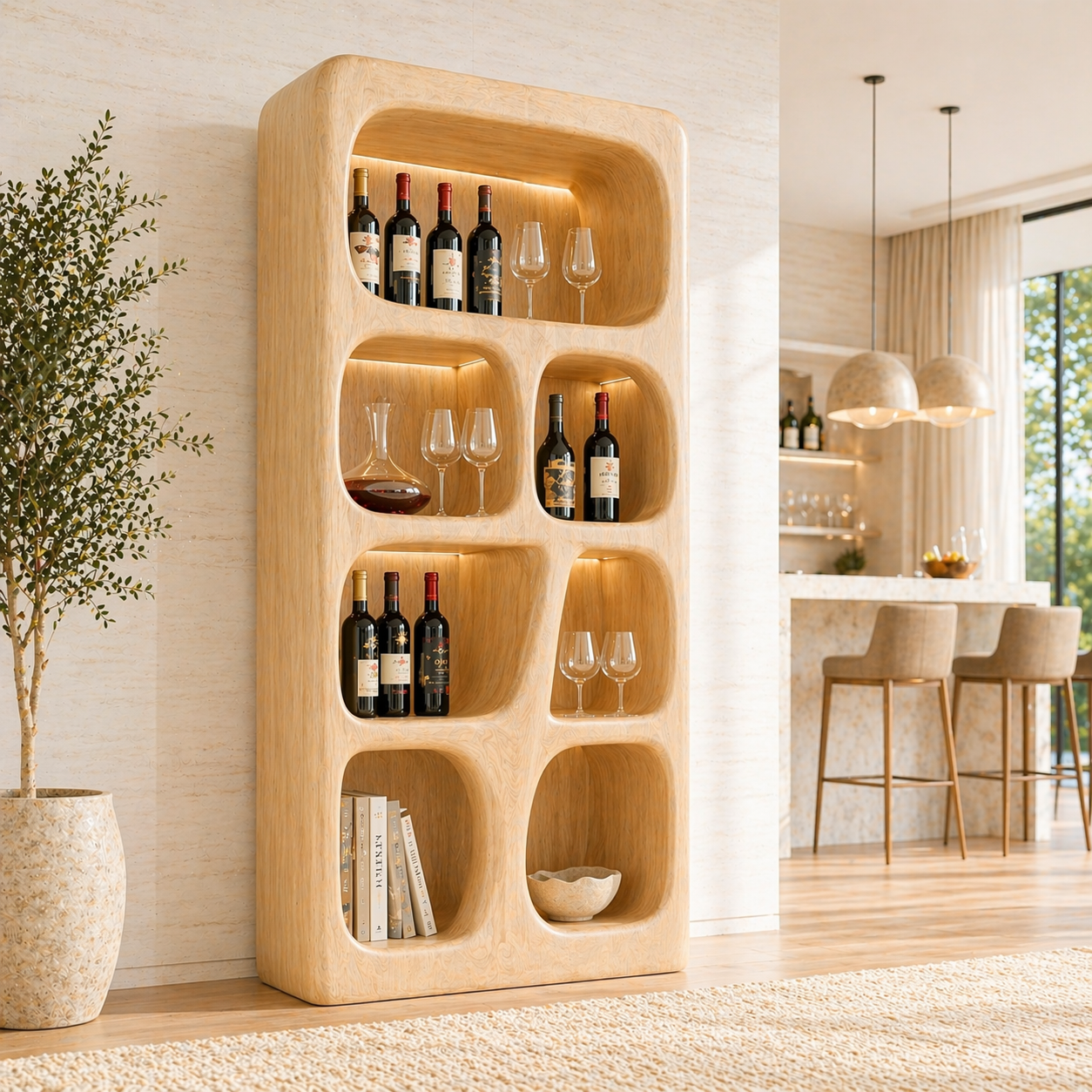 Sculptural Tall Wine Cabinet Freestanding Bar Display Shelves Modern Storage Unit