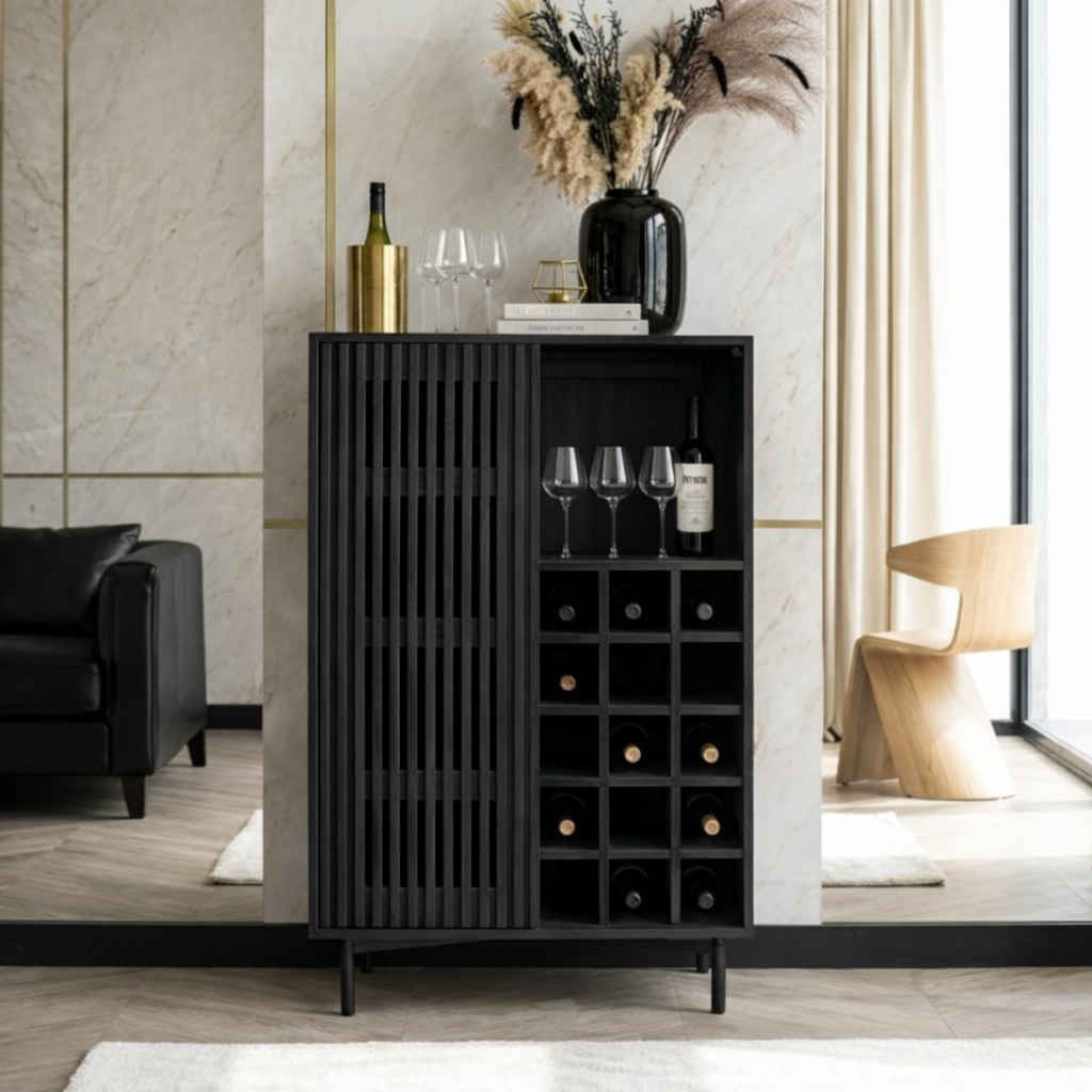 Premium Modern Fluted Wooden Bar Cabinet, Wine Storage Glassware Display Console