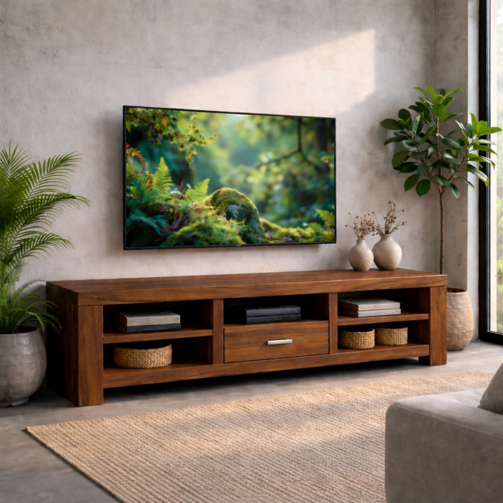 Solid Wood TV Stand with Open Shelves and Drawer – Modern Living Room Media Console Kitchnce