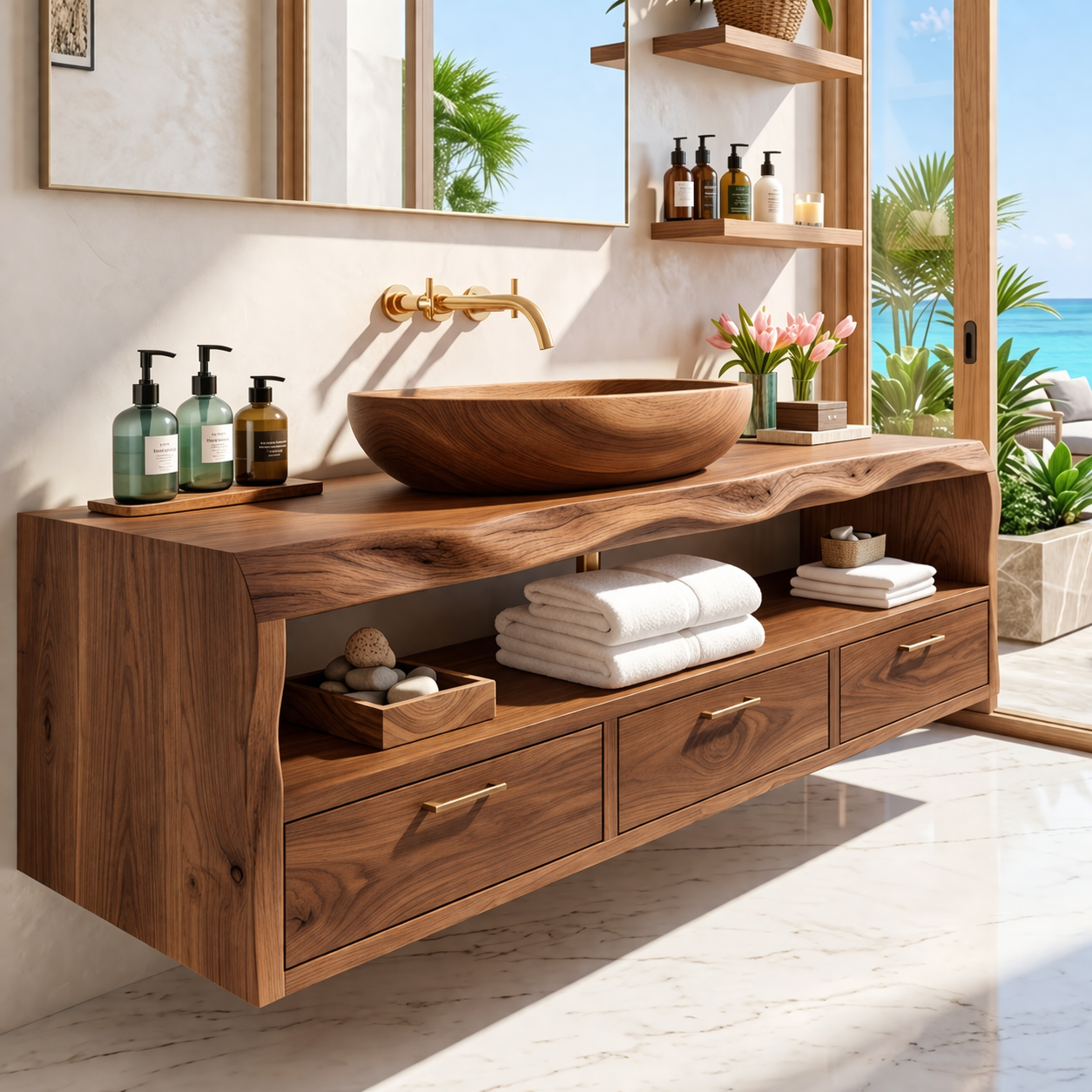 Modern Solid Wood Bathroom Vanity with Floating Drawers and Open Shelf Storage