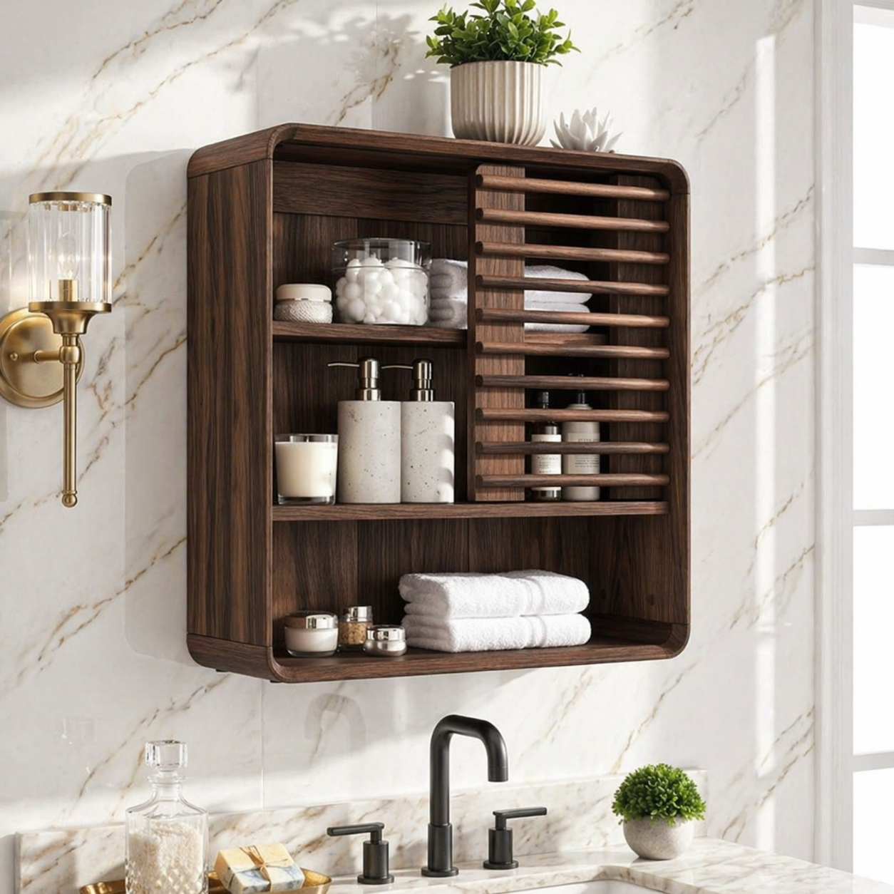 Floating Bathroom Cabinet, Modern Tambour Wall Mounted Vanity Storage Organizer Unit