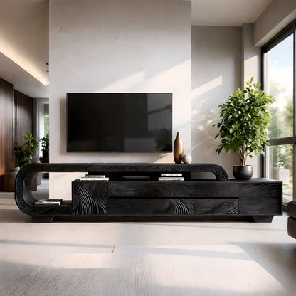 Solid Wood TV Stand Modern Walnut Media Console with Sculptural Curve Design