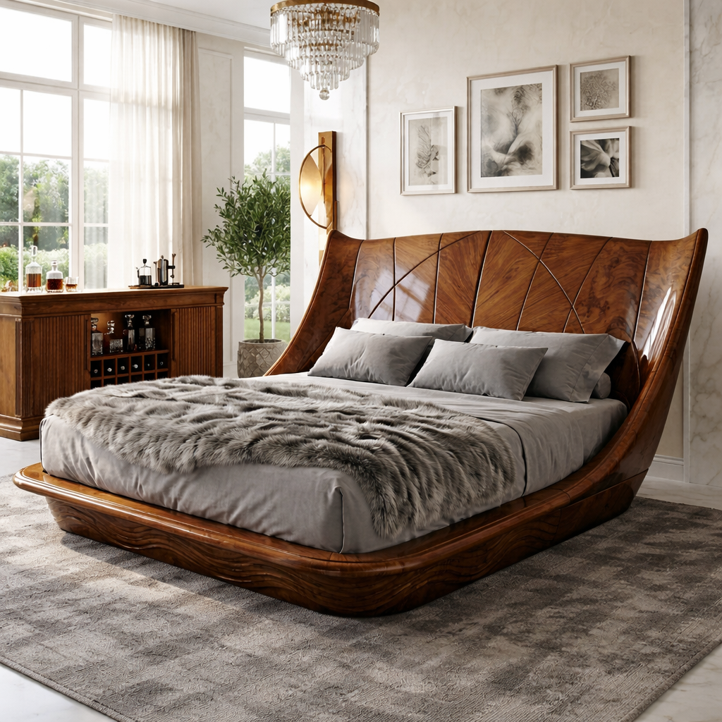 Luxury Curved Wingback Bed Frame, Modern Statement Platform Bedroom Furniture Design