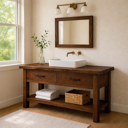 Solid Wood Bathroom Vanity with Drawers and Open Shelf Rustic Farmhouse Vanity