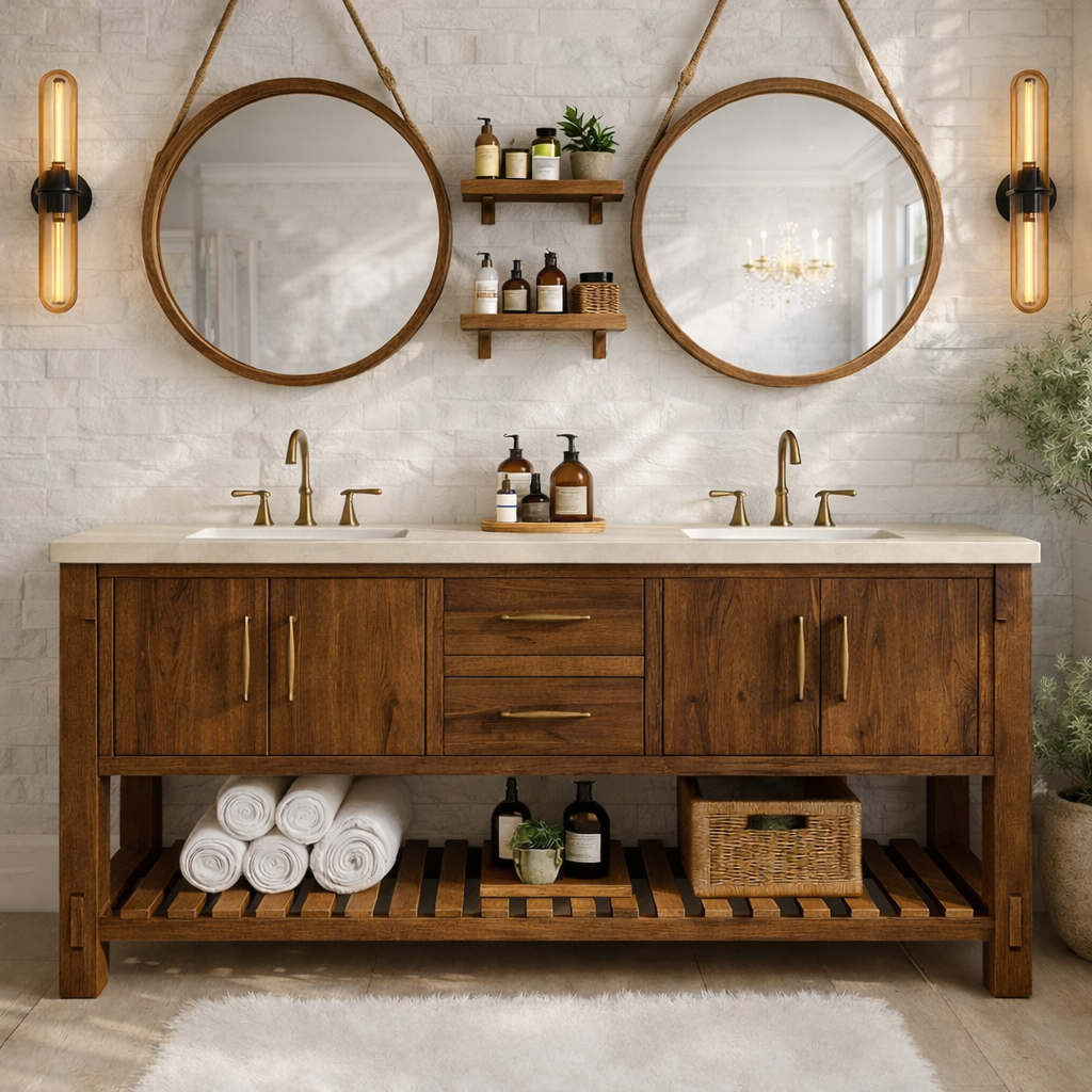 Rustic Double Bathroom Vanity Cabinet With Drawers And Storage Wood Vanity Base Kitchnce