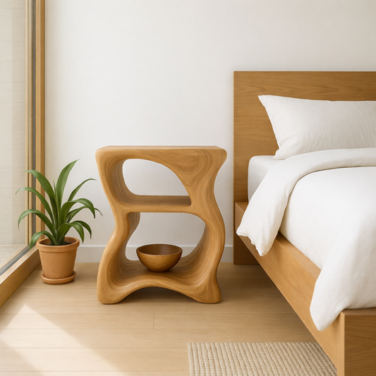 Modern Solid Wood Nightstand – Sculptural Wooden Bedside Table with Open Shelf