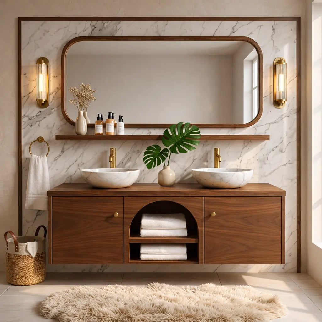 Double Sink Floating Vanity with Wooden Base and Elegant Gold Fixtures Kitchnce