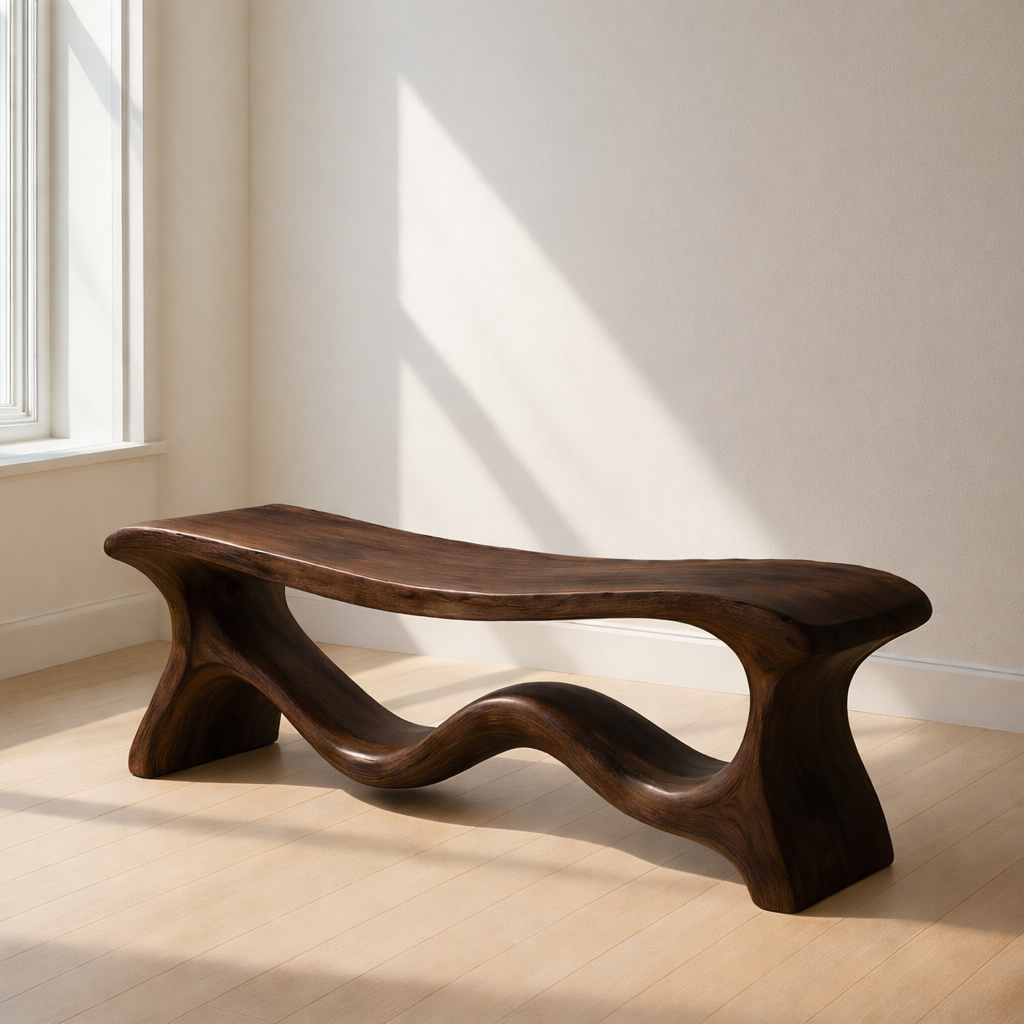 Modern Solid Wood Bench with Artistic Wave Base – Minimalist Wooden Bench Kitchnce